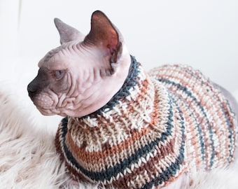 ストライプ柄ウール猫セーター、冬用の暖かい手作り猫服、ニット猫ジャンパー、ウールスフィンクス猫服、暖かいスフィンクス猫服
