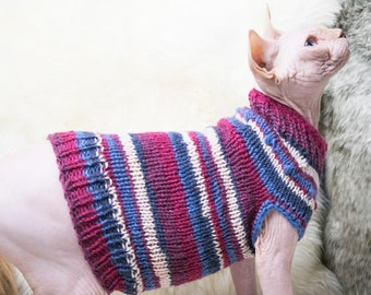 Blue cat sweater, purple cat sweater, striped cat sweater, wool cat sweater, wool sphynx clothes, wool sphynx sweater, wool cat clothes
