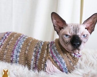 ストライプ柄猫用セーター、メリノウール猫用セーター、暖かいペット用ジャンパー、ウール猫用服、柔らかい猫用服、スフィンクス猫用服、スフィンクスセーター