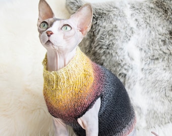 Wool Cat Sweater, Lightweight Warm Pet Jumper, Gradient Pink Yellow Grey Black, Unique Hand Knit Cat Clothes, Soft Sphynx Cat Clothes