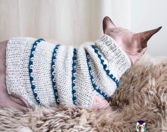 アルパカウールの猫用セーター、柔らかく暖かい子猫用ジャンパー、天然糸のペット服、グレーとティールのストライプ柄の猫用衣装