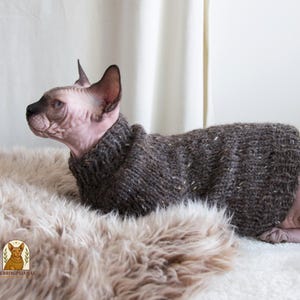 Op de afbeelding: Een Sphynx-kat met een bruine gebreide trui met een hoge kraag, rustend op een zacht, lichtgekleurd tapijt. De kat is haarloos met een roze huid en donkere oren. De trui heeft gouden vlekken. Het logo "Purringpyjamas" staat linksonder.