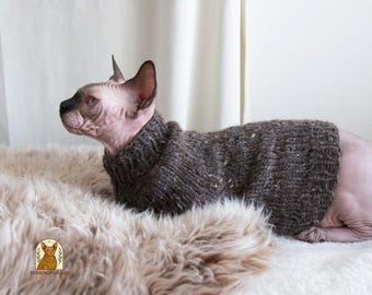 アルパカ猫セーター、ダークブラウン猫セーター、ソフト猫セーター、アルパカ猫服、アルパカスフィンクス服、ウール猫服、猫好きへのギフト