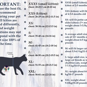 May include: A chart with cat size measurements in inches and centimeters. The chart includes chest sizes from 8 inches to 24 inches, with corresponding weight estimations in pounds and kilograms. A black cat silhouette is also included.