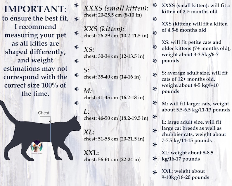 May include: A chart with cat size measurements in inches and centimeters. The chart includes chest sizes from 8 inches to 24 inches, with corresponding weight estimations in pounds and kilograms. A black cat silhouette is also included.