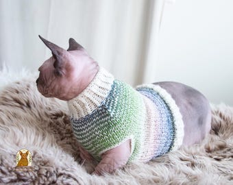 ストライプ柄ウール猫セーター、軽量で暖かい冬用ハンドメイド猫服、ニットキティジャンパー、スフィンクス猫服、ウール猫服