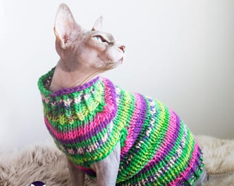 Colorful Chunky Cat Sweater for Sphynx, Wool Knit Pet Jumper, Bright Hairless Cat Clothes, Thick Warm Cat Outfit, Warm Sphynx Cat Clothes