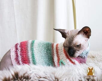 ホリデーキャットセーター、ストライプ柄キャットセーター、スフィンクス猫用暖かいセーター、クリスマスキャットセーター、猫好きへのギフト、スフィンクス猫用服、猫ギフト