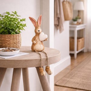 Sitting Rabbit Ornament Holding White Heart – Dangly Legs Easter Spring Décor