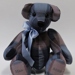 Remembrance bear made from clothing. Three Sizes Available. Keepsake teddy bear. Ships from Canada.