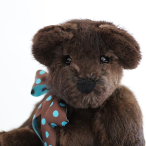 May include: A brown teddy bear with a blue and brown polka dot bow tie. The bear has a soft, furry texture and is looking directly at the camera.