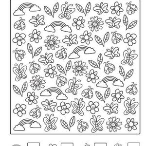 Puede incluir: Hoja de trabajo en blanco y negro titulada "&iexcl;Contemos en primavera!" con ilustraciones de tem&aacute;tica primaveral: arco&iacute;ris, mariposas, flores, mariquitas y hojas. La hoja de trabajo incluye una actividad de conteo con casillas en blanco.
