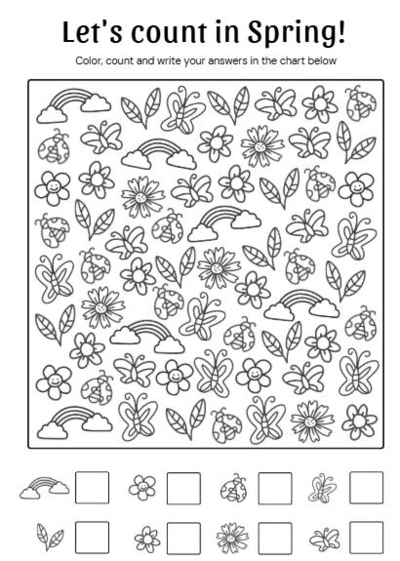 Puede incluir: Hoja de trabajo en blanco y negro titulada "&iexcl;Contemos en primavera!" con ilustraciones de tem&aacute;tica primaveral: arco&iacute;ris, mariposas, flores, mariquitas y hojas. La hoja de trabajo incluye una actividad de conteo con casillas en blanco.
