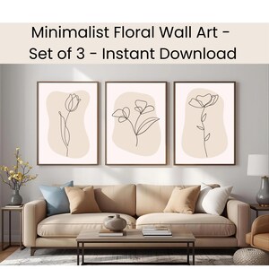 Arte mural minimalista con estampados florales, impresiones botánicas en beige neutro, descarga instantánea.