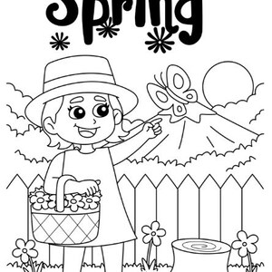 Puede incluir: Ilustraci&oacute;n en blanco y negro de un ni&ntilde;o con una cesta de flores, se&ntilde;alando una mariposa. La palabra "Spring" est&aacute; escrita arriba. Una valla, un toc&oacute;n de &aacute;rbol y flores est&aacute;n en el fondo.