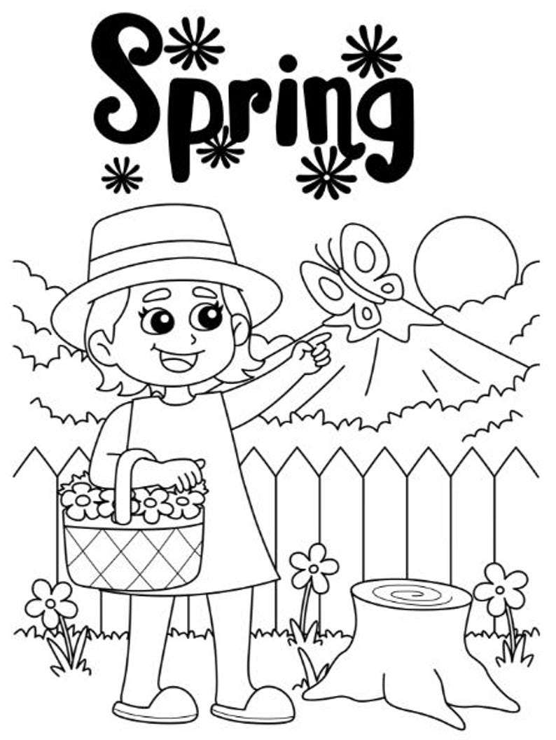 Puede incluir: Ilustraci&oacute;n en blanco y negro de un ni&ntilde;o con una cesta de flores, se&ntilde;alando una mariposa. La palabra "Spring" est&aacute; escrita arriba. Una valla, un toc&oacute;n de &aacute;rbol y flores est&aacute;n en el fondo.