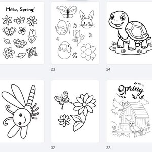 Puede incluir: Una colecci&oacute;n de p&aacute;ginas para colorear en blanco y negro con tem&aacute;tica de primavera. Los dise&ntilde;os incluyen flores, &aacute;rboles, insectos, animales y los textos "Hello Spring" y "Spring".