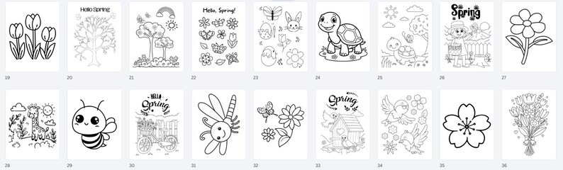 Puede incluir: Una colecci&oacute;n de p&aacute;ginas para colorear en blanco y negro con tem&aacute;tica de primavera. Los dise&ntilde;os incluyen flores, &aacute;rboles, insectos, animales y los textos "Hello Spring" y "Spring".