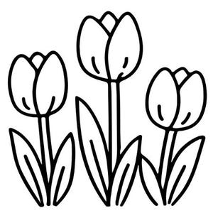 Puede incluir: Un dibujo lineal en blanco y negro de tres tulipanes. Los tulipanes tienen p&eacute;talos redondeados y largos tallos con hojas. La imagen es una ilustraci&oacute;n sencilla y elegante de flores de primavera.