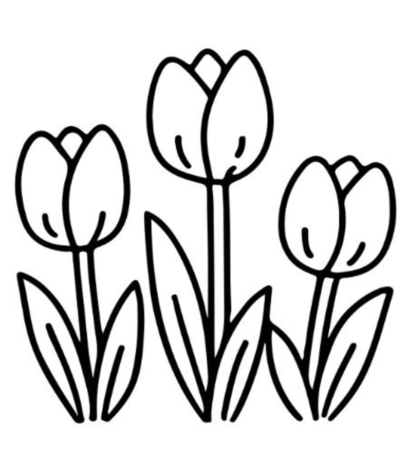 Puede incluir: Un dibujo lineal en blanco y negro de tres tulipanes. Los tulipanes tienen p&eacute;talos redondeados y largos tallos con hojas. La imagen es una ilustraci&oacute;n sencilla y elegante de flores de primavera.