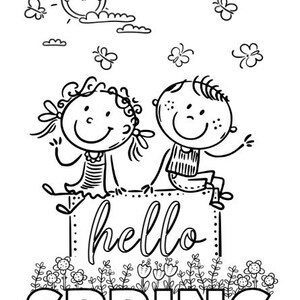Puede incluir: Dibujo lineal en blanco y negro de dos ni&ntilde;os de dibujos animados sentados encima de las palabras "hello SPRING". La imagen incluye un sol sonriente, nubes, mariposas y flores, creando un alegre tema primaveral.