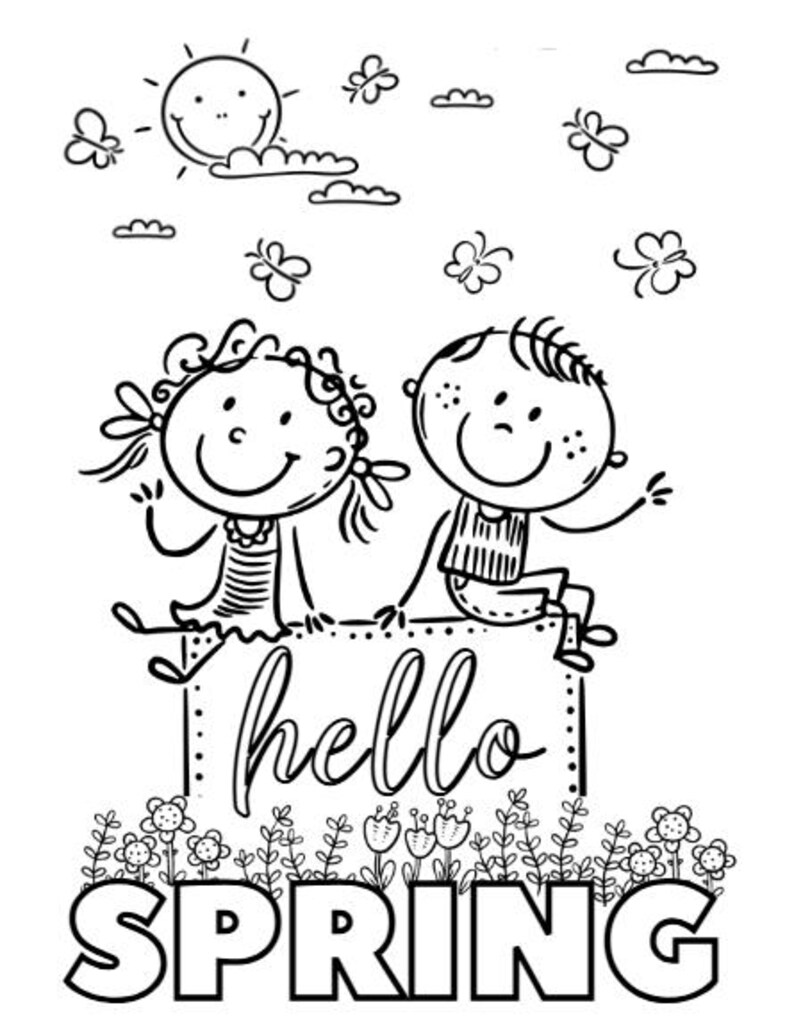 Puede incluir: Dibujo lineal en blanco y negro de dos ni&ntilde;os de dibujos animados sentados encima de las palabras "hello SPRING". La imagen incluye un sol sonriente, nubes, mariposas y flores, creando un alegre tema primaveral.