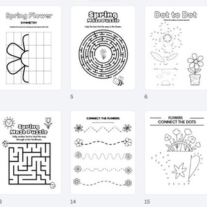 Puede incluir: Una colecci&oacute;n de p&aacute;ginas de actividades en blanco y negro con tem&aacute;tica de primavera para ni&ntilde;os. Las p&aacute;ginas incluyen actividades de conectar los puntos, laberintos, objetos ocultos y colorear con flores, mariposas y otros elementos primaverales.
