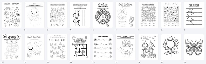 Puede incluir: Una colecci&oacute;n de p&aacute;ginas de actividades en blanco y negro con tem&aacute;tica de primavera para ni&ntilde;os. Las p&aacute;ginas incluyen actividades de conectar los puntos, laberintos, objetos ocultos y colorear con flores, mariposas y otros elementos primaverales.