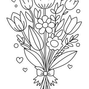 Puede incluir: Un dibujo lineal en blanco y negro de un ramo de flores. El ramo incluye tulipanes, margaritas y otros elementos florales, atados con un lazo. Hay corazones esparcidos alrededor del ramo.