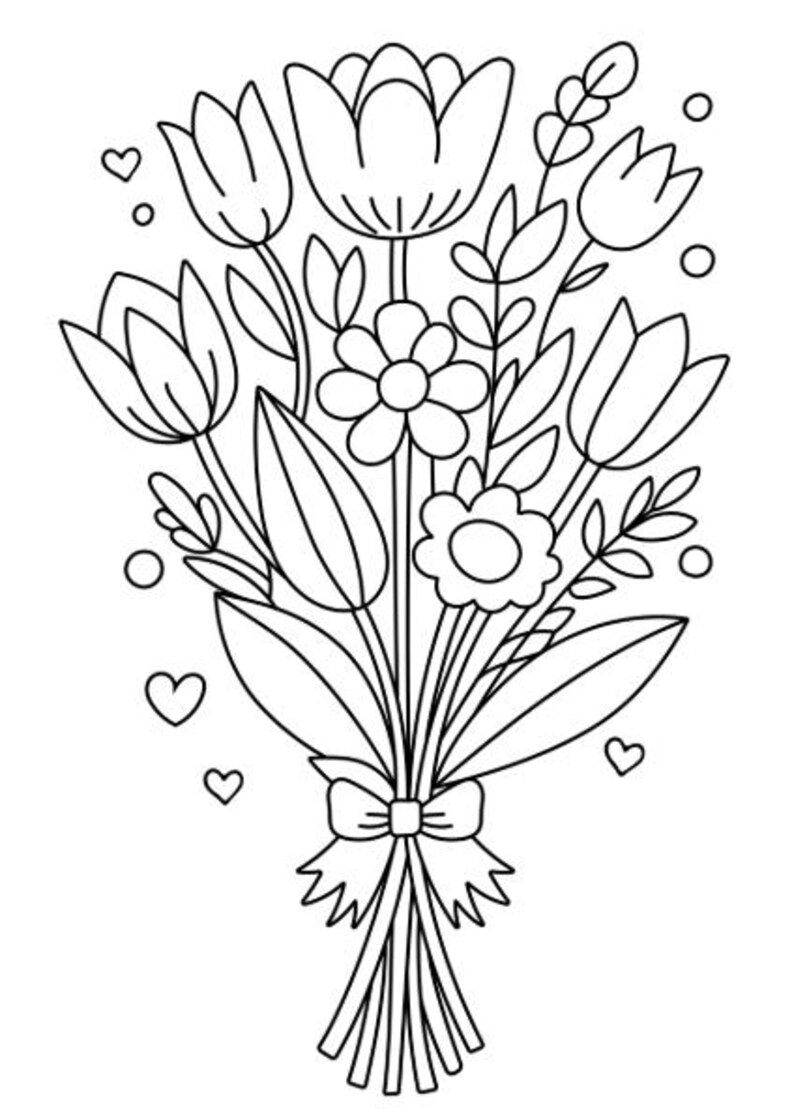 Puede incluir: Un dibujo lineal en blanco y negro de un ramo de flores. El ramo incluye tulipanes, margaritas y otros elementos florales, atados con un lazo. Hay corazones esparcidos alrededor del ramo.