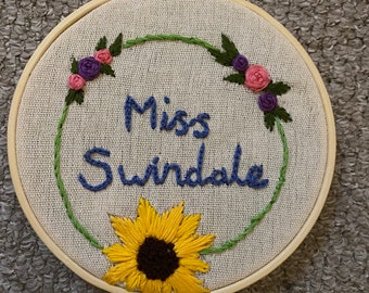 Custom Embroidered Name | Personalised Foral Teacher Gift|  Word wall hanging hoop present