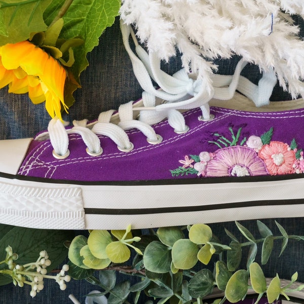 Hand embroidered floral custom converse style shoe