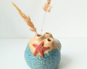 Jarrón de cerámica hecho a mano con motivos náuticos | Decoración costera | Accesorio para casa de playa