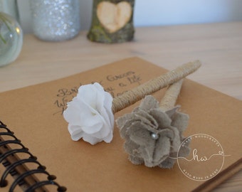 Rustic wedding guest book pen, Rustic pen, Guest book pen, Twine pen, Linen flower pen, Barn wedding ideas.