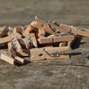 20x mini wooden pegs and twine, picture pegs, hanging pegs, wooden pegs, picture display, rustic picture display. image 1