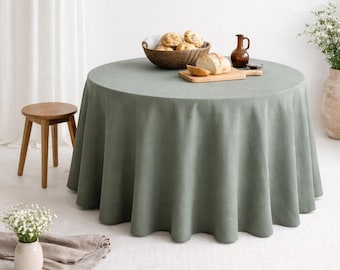 Round green linen tablecloth: Christmas, Thanksgiving. Oval wedding dining table cloth. Birthday, holiday hosting gift. Fall table decor