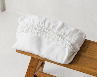 White natural linen fitted sheet: Queen, King, Single, Twin. Deep pocket, organic bed sheet, minimalist home decor. Hosting gift