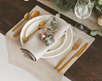 Natural linen placemats for Christmas, holiday table decor. Rustic dining placemat set for Thanksgiving day. Place mats in various colors