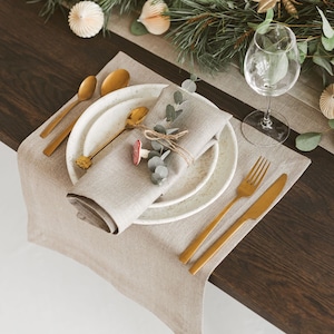 Natural linen placemats for Christmas, holiday table decor. Rustic dining placemat set for Thanksgiving, fall. Winter, wedding place mats