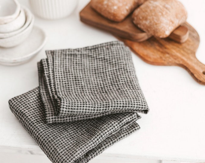 Set of Black Waffle Linen Tea Towels. Natural Linen Kitchen Towel for Farmhouse. Quick Dry & Absorbent Hand Towel Set as Housewarming Gift