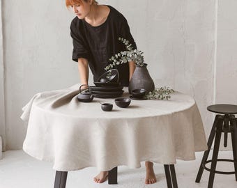 Natural Linen Tablecloth: Round or Oval, Large or Small. Fall, Thanksgiving, Christmas Table Cloth. Kitchen, Holiday Hosting Gift