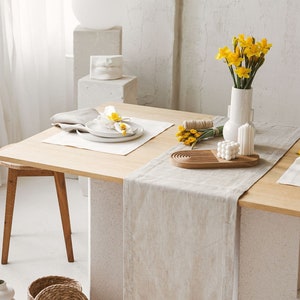 Natural linen table runner for modern wedding decor. Long table runner for holiday, spring, Christmas, Thanksgiving, new home farmhouse