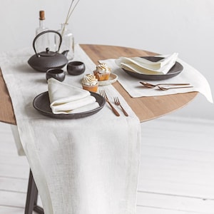White linen table runner for holiday, Christmas, farmhouse, Thanksgiving. Rustic wedding extra long natural table runner. Hew home host gift