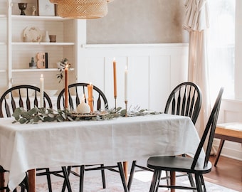 Natural linen holiday tablecloth for Christmas. White round, oval, square table cloth for new home as housewarming gift. Various color, size