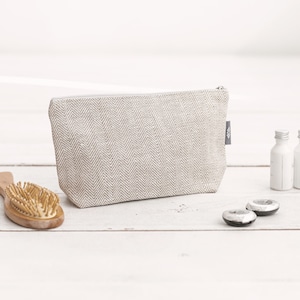 White linen makeup travel bag. Eco friendly zipper toiletry pouch for women, men. Canvas medium cosmetic bag for wedding, bridesmaid