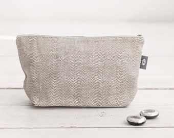 Large white linen cosmetic bag with 2 pockets. Organic makeup bag with zipper. Eco friendly toiletry bag for women, men as birthday gift