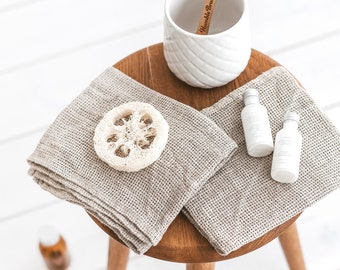Natural linen waffle hand towel set for bath, travel. Lightweight, eco friendly open weave guest bathroom towels. Quick dry, absorbent 30
