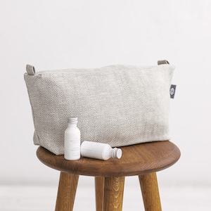 Grande trousse de maquillage en lin blanc pour voyage, salle de sport. Grande trousse de toilette avec fermeture éclair pour femme et homme. Trousse à cosmétiques lavable et respectueuse de l'environnement. 3 couleurs 25