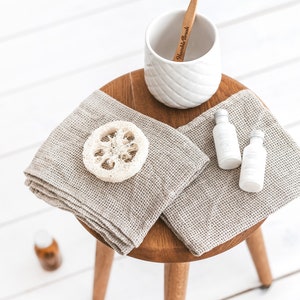 Natural linen waffle hand towel set for bath, travel. Lightweight, eco friendly open weave guest bathroom towels. Quick dry, absorbent 30