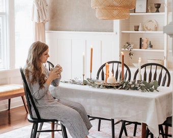 Natural linen holiday tablecloth for Christmas, Thanksgiving dining. White wedding, fall, winter table decor.  Round, square. New home gift